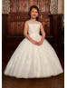 Beaded Ivory Lace Tulle Flower Girl Dress With Detachable Sleeves